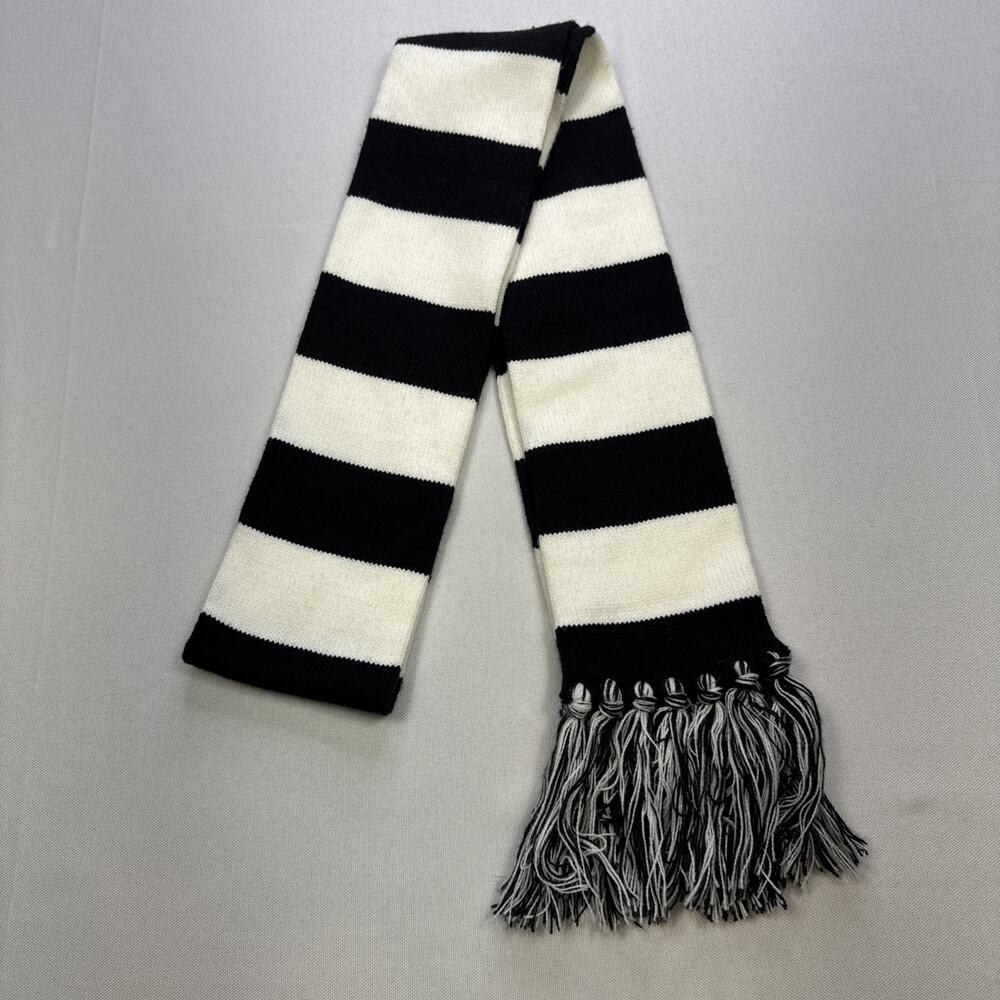 Cejon Womens Knit Scarf Black White Striped Winter Wrap Fringe Accent